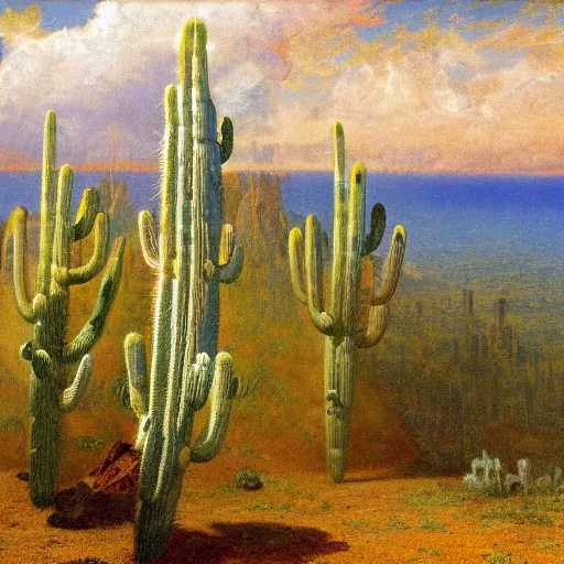 Image similar to flying impressionist island cactus wire, by albert bierstadt and wojciech siudmak, 2 0 megapixels, surrealist