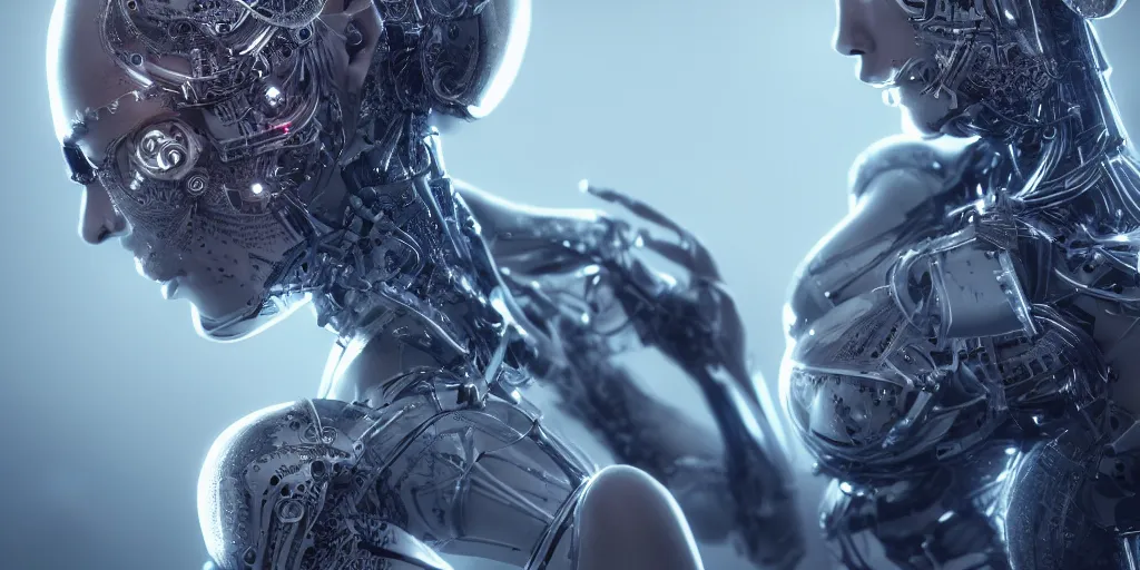 Image similar to hyper realistic photography, beautiful cyborg female, intimate holding close, in the style jin kagetsu, wlop, highly detailed, intricate filigree, symmetry, masterpiece, concept art, highkey lighting, ambient lighting, octane render, 8 k, artstation