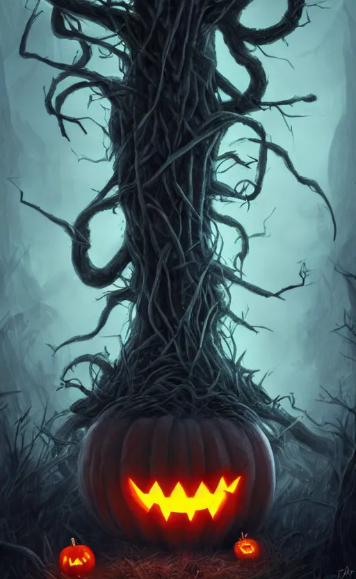 Image similar to fantasy monster concept art, a jack o lantern monster with vines for a body walking down a street of nightmares, dynamic lighting, photorealistic, trending on art station, stunning visuals, creative, cinematic, ultra detailed, atmospherical, ambient lighting, scary art, eery art