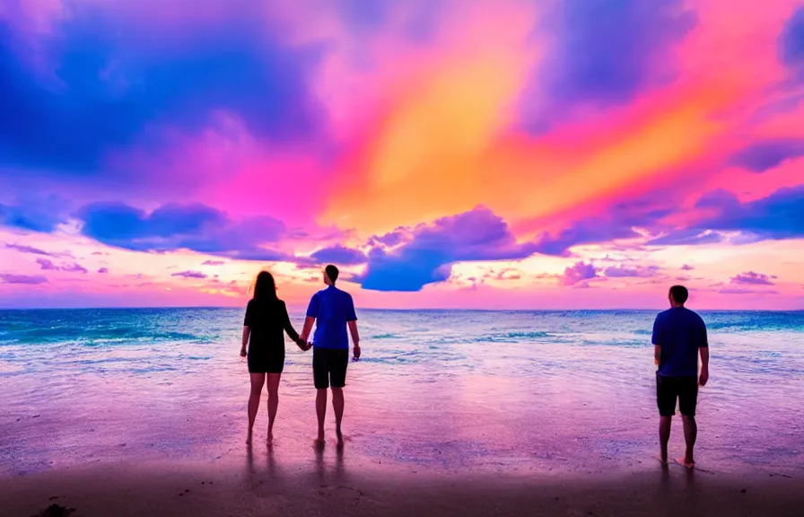 Image similar to 8 k uhd wonderful colorful sunset on a seashore with a cloud in the shape of a couple holding hands, professional photography,