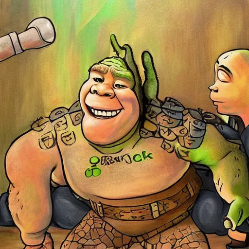 Image similar to a beautiful complex painting of shrek getting ready for a war