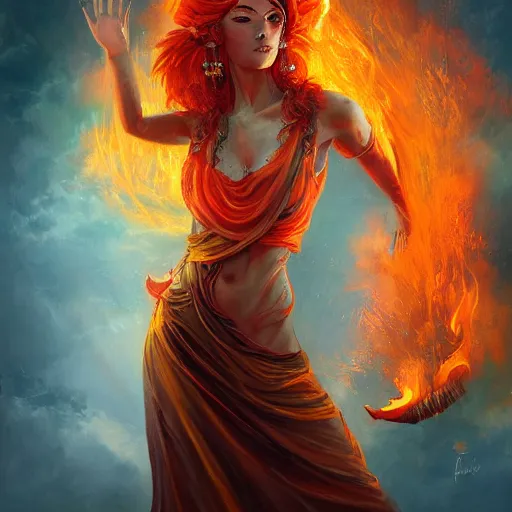 Image similar to A stunning painting of a fire goddess by Andrews Esao, fantasy, Trending on artstation.