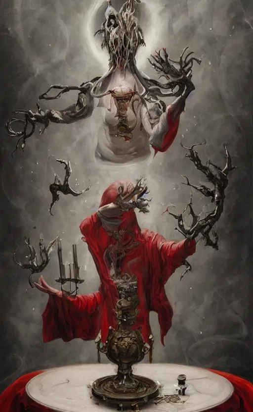 Image similar to a painting of a white robed magician behind a table, hands gesture as above so below, red mantle cup, sword, pentacle, wand, a surrealist painting by marco mazzoni, peter mohrbacher, nychos, cgsociety, neo - figurative, detailed painting, rococo, oil on canvas, seapunk, biomorphic, lovecraftian