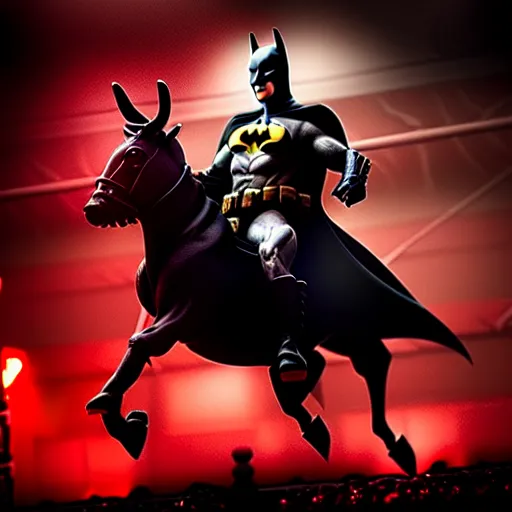 Prompt: batman riding red deer in battlefield, dark, cinematic lighting, chaotic, wide shot, photorealistic, photograph