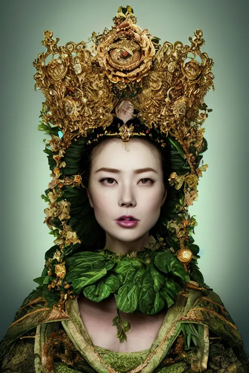 Image similar to a beautiful empress portrait, with a brilliant, impossible striking big salad headpiece, clothes entirely made out of salad, everything salad, symmetrical, dramatic studio lighting, rococo, baroque, greens, asian, hyperrealism, closeup, D&D, fantasy, intricate, elegant, highly detailed, digital painting, artstation, octane render, 8k, concept art, matte, sharp focus, illustration, art by Artgerm and Greg Rutkowski and Alphonse Mucha