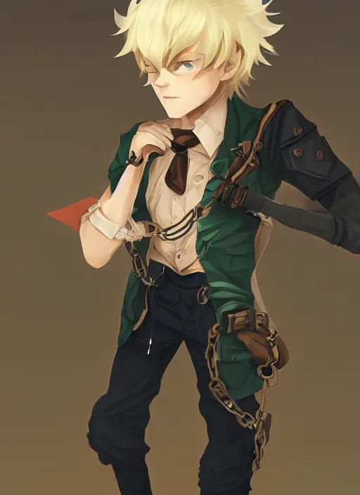 Prompt: a blonde boy thief with a steampunk armband in the style of krenz cushart