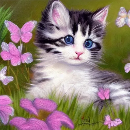 Prompt: fluffy cute calico kitten playing with butterfly in spring meadow landscape detailed painting 4k