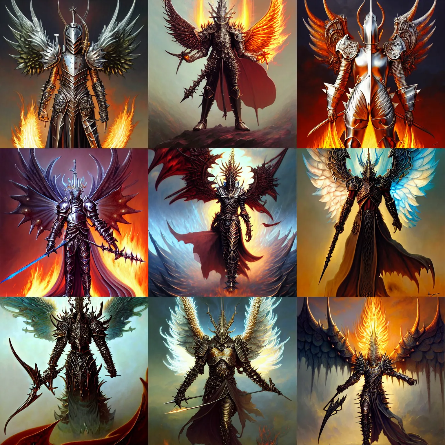 Prompt: fantasy character portrait, spiky armor male knight with burning angel wings, ultra realistic, wide angle, intricate details, fire artifacts, highly detailed by peter mohrbacher, hajime sorayama, wayne barlowe, boris vallejo, aaron horkey, gaston bussiere, craig mullins