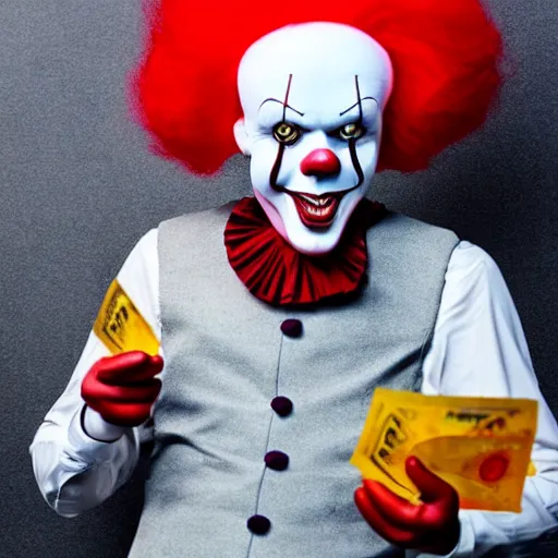 Prompt: Pennywise the clown wearing a suit and holding a banknote in his hands, full body shot