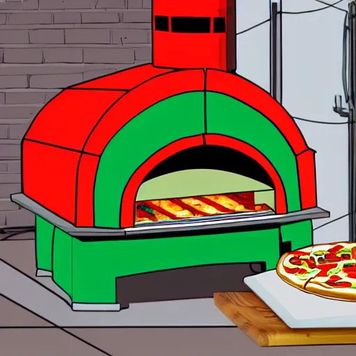 Prompt: eva 02 colored white red and green in front of a building sized pizza oven making pizza