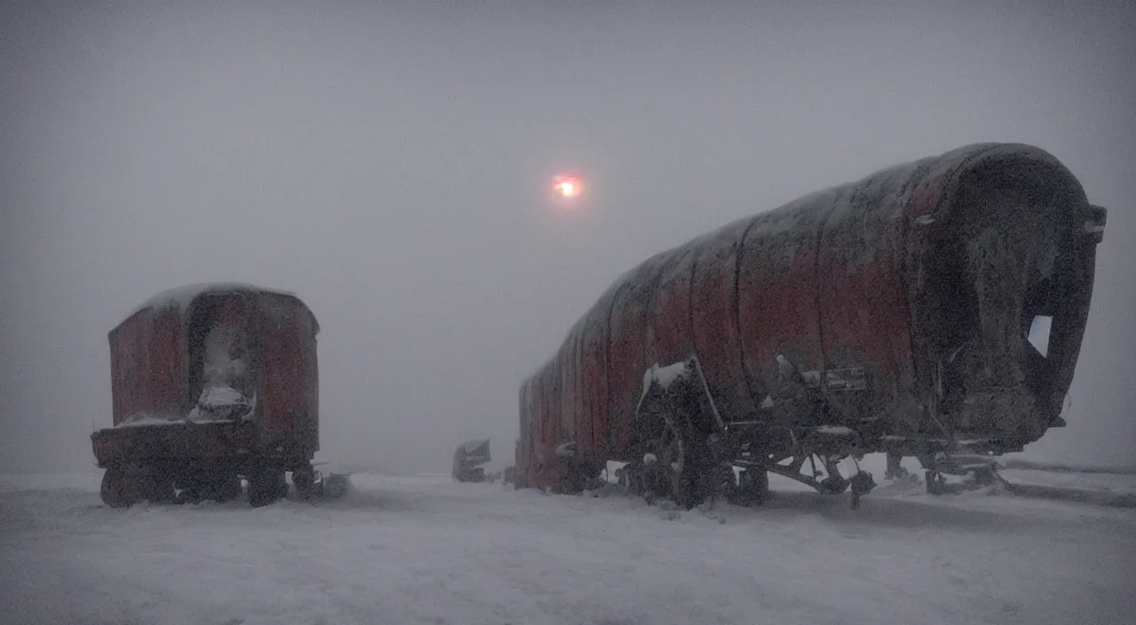 Prompt: “photo color of one biomechanical mammoth/wagon/mamouth in an arctic storm with fog and blizzard, the mammoth drags old gigantic coal wagons with snow, it's a sunset photo with cold tones, some people around ”