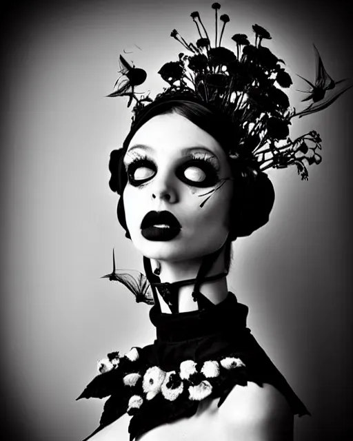 Prompt: dreamy surreal poetic black and white photo of a beautiful young female-cyborg-vegetal with a very long neck and a super big gothic lace collar filled with dead flies and a very high big floral crown with many black dry roses by Vivienne Westwood:: smoke, high fashion, haute couture, rococo, avant-garde, elegant, dreamy, hyper realistic, 150 mm lens, soft rim light, octane render, unreal engine, picture was taken in 1910 by Dora Maar, volumetric lighting, dramatic light,8k,