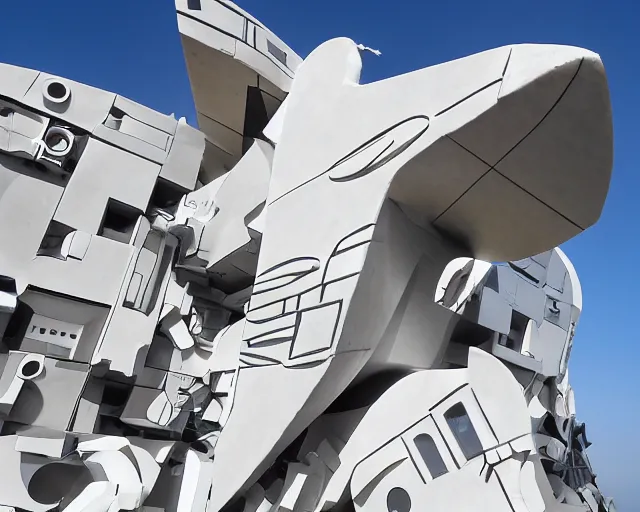 Prompt: photo of minimalist abstract cubist sculpture of curvy spaceship with random small mecha mayan decorations, covered with few large white airplane parts with windows and doors, as a large relief mural