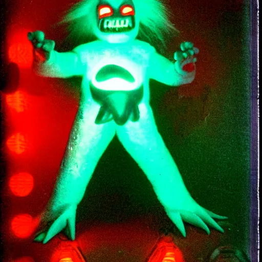 Image similar to gary busey creature, 9 0 s toy commercial, photo from the 7 0 s, horror lighting, neon lighting, polaroid photo,