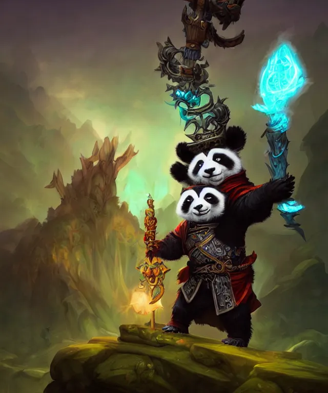 Image similar to a portrait an anthropomorphic panda warlock holding a staff, wearing warlock robes with spiked shoulders, landscape in background, dnd character art portrait, world of warcraft style, by peter mohrbacher, cinematic lighting