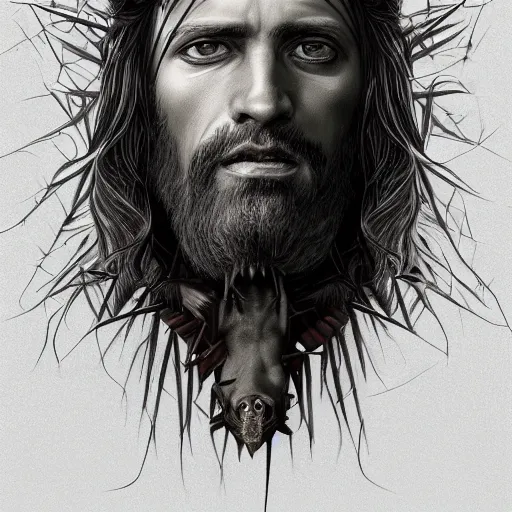 Image similar to portrait of jesus with the head of a lizard lizard lizard lizard lizard, surrealist, crown of thorns, cross, christianity, intricate, elegant, highly detailed, centered, grungy, digital painting, artstation, concept art, smooth, sharp focus, boris vallejo