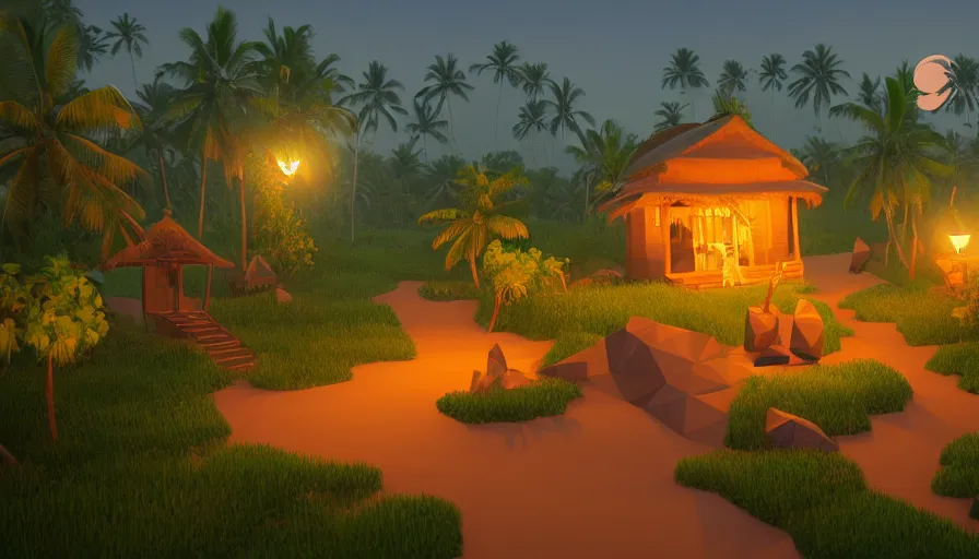 Prompt: a low poly isometric render of moonlit kerala village in the style of horizon forbidden west, with kerala motifs, intricate, elegant, smooth shading, soft lighting, illustration, simple, solid shapes, concept art, by magali villeneuve, jeremy lipkin and michael garmash, rob rey and kentaro miura style, octane render