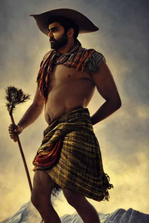 Prompt: a dramatic epic beautiful painting of a handsome shirtless desi man in the mountains | he is wearing a plaid kilt and cowboy hat, and holding a walking stick | background is mountains! and clouds | dramatic lighting, golden hour, homoerotic | by mark maggiori | trending on artstation