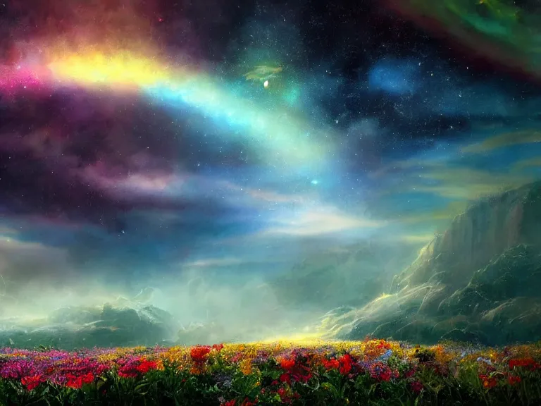 Image similar to a fine painting of a glorious place where the heavens open to the great cosmos, where flowers are launched into the unknown 8 k, ultra realistic, lens flare, atmosphere, glow, detailed, intricate, full of colour, cinematic lighting, trending on artstation, 4 k, hyperrealistic, focused, extreme details, unreal engine 5, cinematic, masterpiece