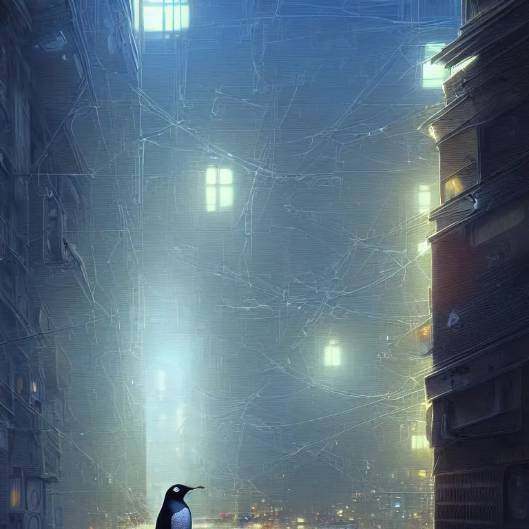 Image similar to A solarpunk very highly detailed Anthropomorphic cybertronic penguin wearing sport suit with very highly detailed face on the street of a very highly detailed solarpunk city digital impressionism art by Greg Rutkowski and Josan Gonzalez, highly detailed, digital concept art, Volumetric natural light, sharp focus, Golden Ratio illustration, realistic concept art by Stephen Hickman and James Gurney and Hiromasa Ogura Ghost in the Shell rendered in VRAY, From the distance