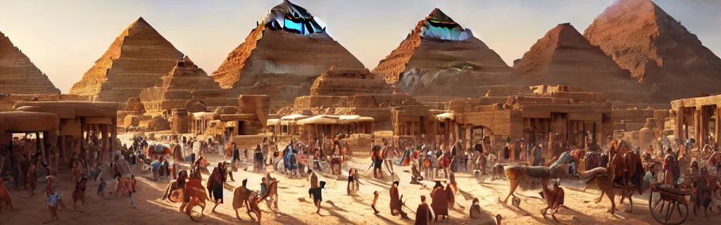 Image similar to a busy marketplace in ancient egypt. 8 k, epic cinematic hyperrealism masterpiece. realistic poster with shaded lighting by craig mallismo, artgerm, jeremy lipkin and michael garmash, unreal engine, radiant light, detailed and complex environment, digital art, art station trends, detailed, lens flare, motion blur