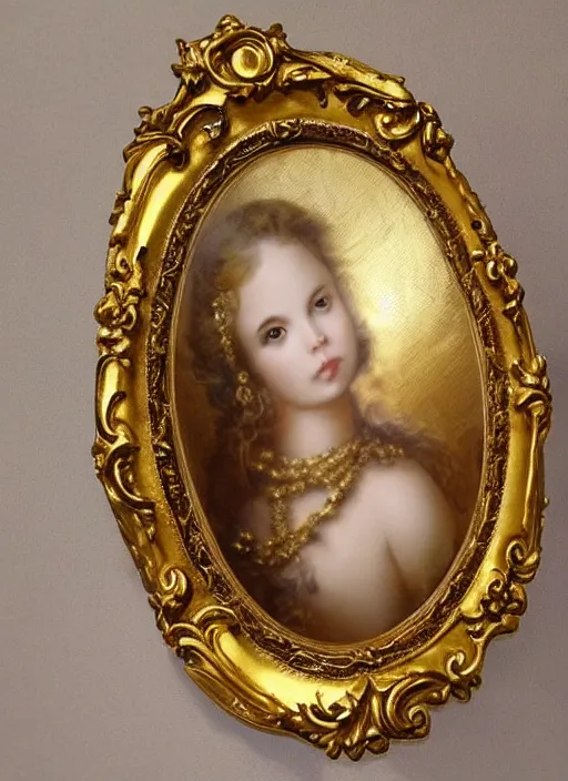 Image similar to beautiful baroque oval portrait picture frame, royal, gilded with gold, magical, fantasy, metallic, product photography