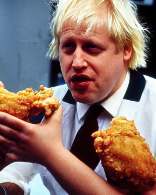 Image similar to film still close - up shot of boris johnson eating fried chicken from the movie monty python's the meaning of life. photographic, photography