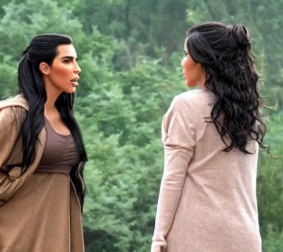 Image similar to a movie still of kim kardashian speaking to hagrid in the movie harry potter