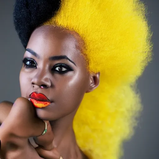 Image similar to a realistic model photoshoot of a black girl with yellow afro hair, beautiful, model, professional picture, realistic, 4 k, bright light, portrait