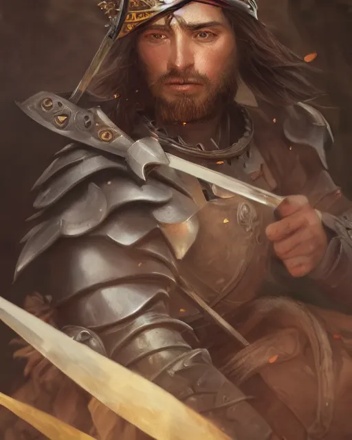 Prompt: ultrarealistic portrait of a spanish conquistador in battle, by daniel zrom and mingchen shen, studio ghibli color scheme, detailed, handsome, anatomy, sharp focus, photography, magic : the gathering, octane, cinematic lighting, facial features, jungle, clear face, golden ratio, tarot card