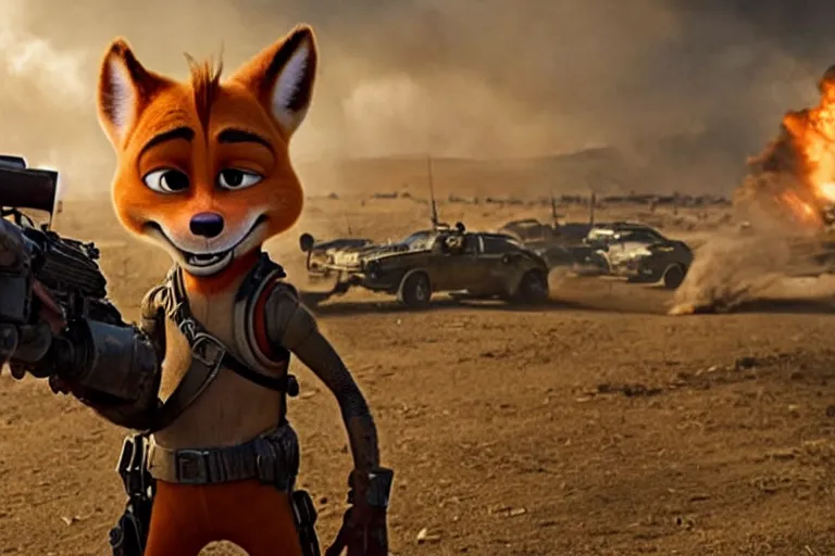 Image similar to nick wilde, heavily armed and armored facing down armageddon in a dark and gritty reboot from the makers of mad max : fury road : witness me