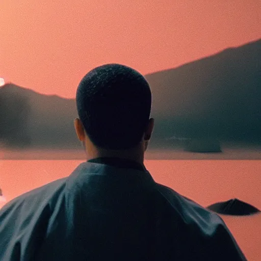 Image similar to cinematic film still of Drake starring as a Japanese Sensei with fire, Japanese CGI, VFX, 2022, 40mm lens, shallow depth of field, film photography