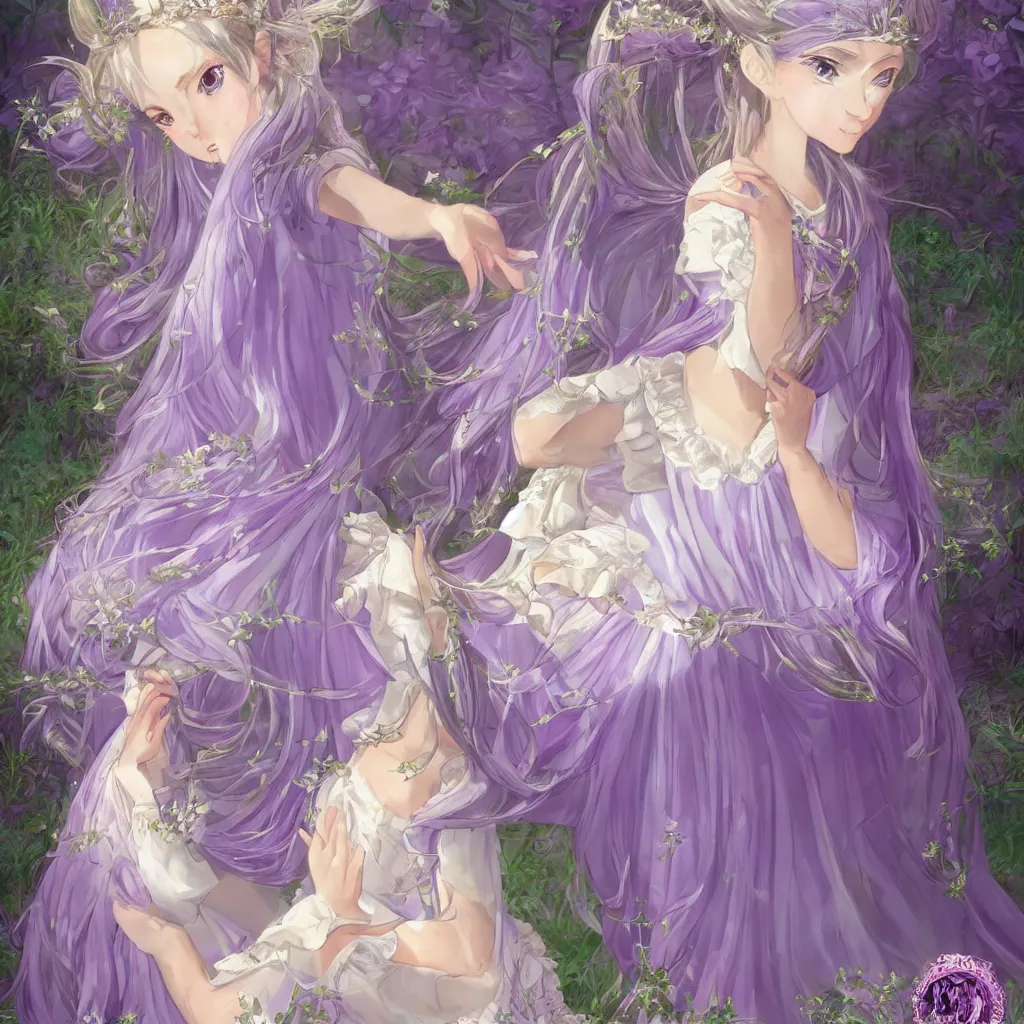 Prompt: A cover for a book, high detaile digital art of a princess, princess is bowing with the following pose, bowing her head slightly and holding the ruffles of her skirt, her dress is lavender and she wears a tiara adorned with emerald crystals, her hair is long and straight, natural morning light, anime style