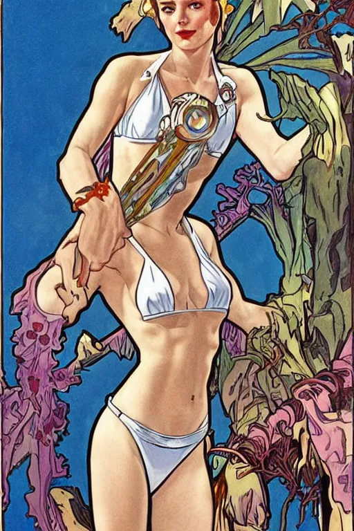 Image similar to female in white bikini with tattoos and stormtrooper helmet, well composed, clean elegant painting, beautiful detailed face. comic book art by steve ditko and jack kirby and ( alphonse mucha )