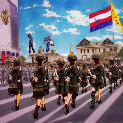 Prompt: anime art, army march in infinitia square in front of infinian de gowyernmentıa in government center during mother's day