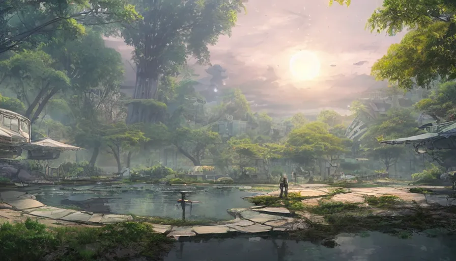 Image similar to an alien city with a pond, beautiful ancient trees, hiding large treasure chest, serene evening atmosphere, soft lens, soft light, cel - shading, animation, in the style of cgsociety, deviantart, artstation, zbrush, cinema 4 d, studio ghibli, akihiko yoshida, atelier lulua, masamune shirow