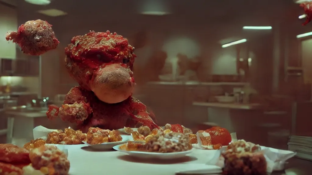 Prompt: the strange meatball creature at the fast food place, film still from the movie directed by denis villeneuve and david cronenberg with art direction by salvador dali and zdzisław beksinski, wide lens