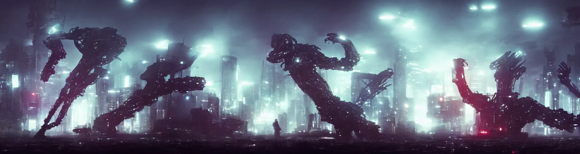 Image similar to apocalyptic ufo scene of cyborg arms with claws reaching out to try and catch fast moving ufos, in the style of blade runner, cyberpunk, laser, smoke, debris