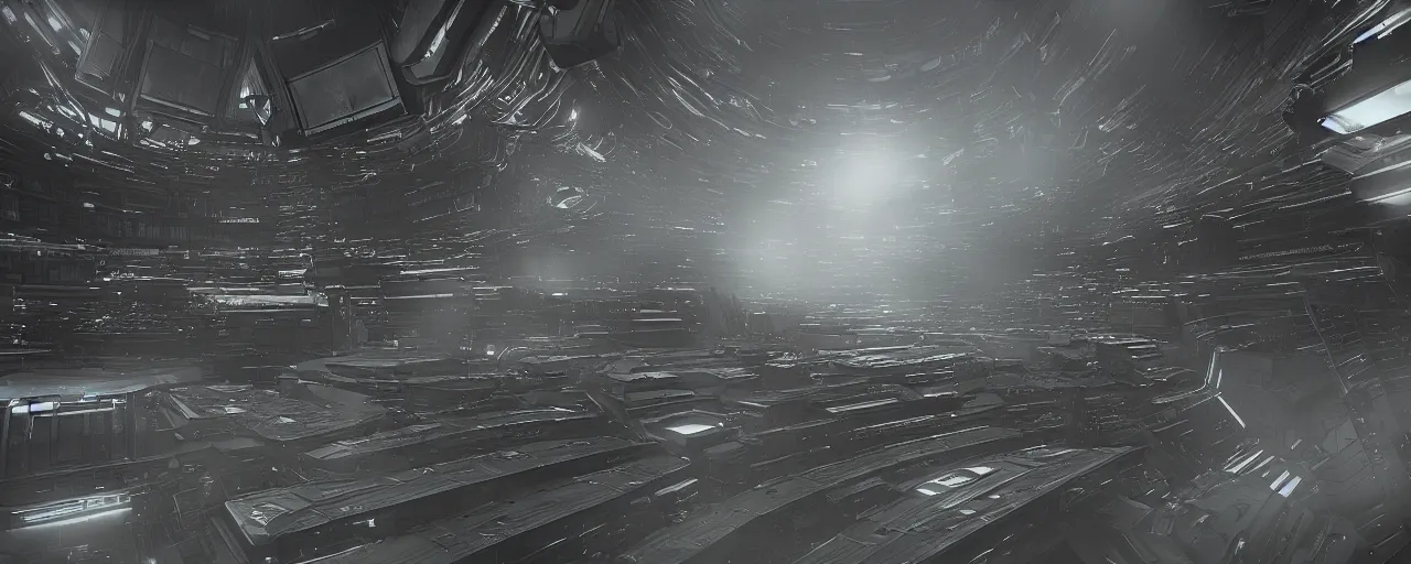 Image similar to dark scifi megastructure, octane render, volumetric lighting