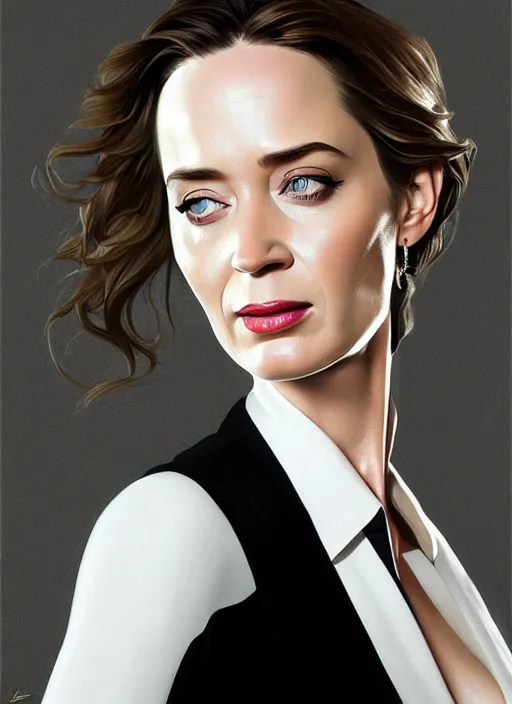 Image similar to portrait of emily blunt as business woman, black suit, white shirt, black tie, intricate, headshot, highly detailed, digital painting, artstation, concept art, sharp focus, cinematic lighting, illustration, art by artgerm and greg rutkowski, alphonse mucha, cgsociety