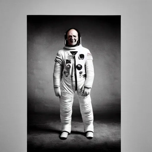 Image similar to portrait of a soviet astronaut in the empty room, black & white photo by annie leibovitz