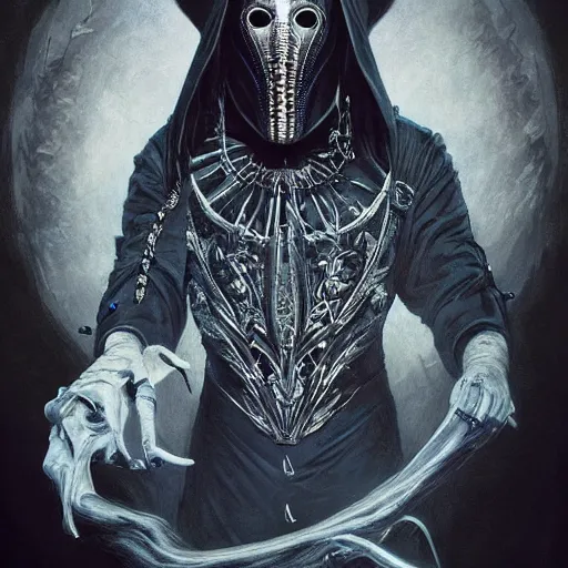 Image similar to - i full body portrait of a male magician with an awesome detailed mask controlling ghosts and spirits, spooky, horror, gothic, d & d, fantasy, intricate, elegant, highly detailed, digital painting, artstation, concept art, smooth, sharp focus, illustration, art by artgerm and greg rutkowski and alphonse mucha