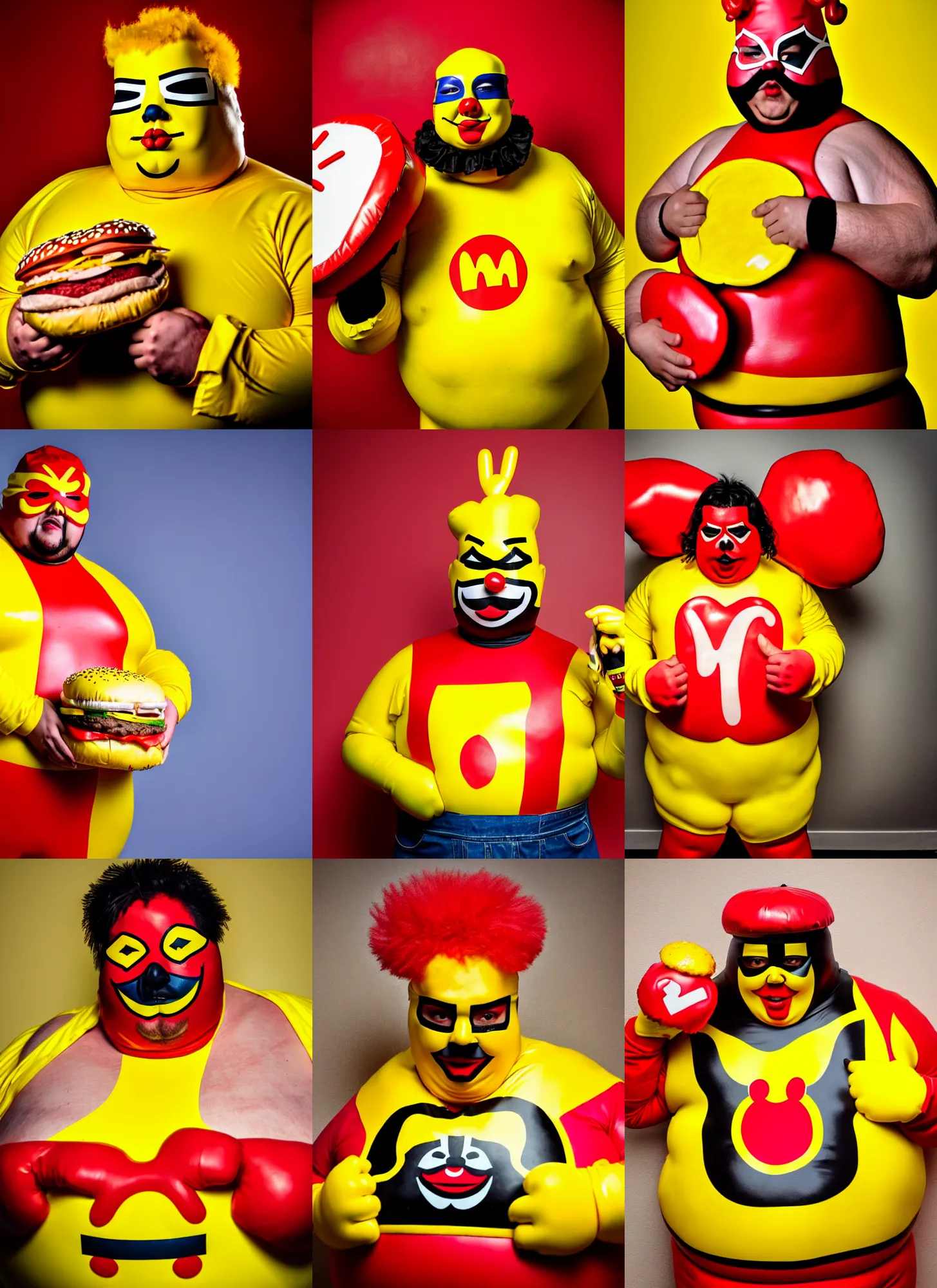Prompt: wide angle lens portrait of a very chubby looking lucha libre dressed in yellow and red rubber latex costume holding a huge hamburger, red Ronald McDonald hairstyle, a Macdonalds logo on his chest, D&D, photography inspired by Oleg Vdovenko