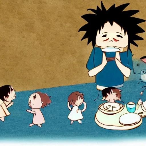 Prompt: tiny imaginary creatures having tea party inside a humans beard. in a style of hayao miyazaki.