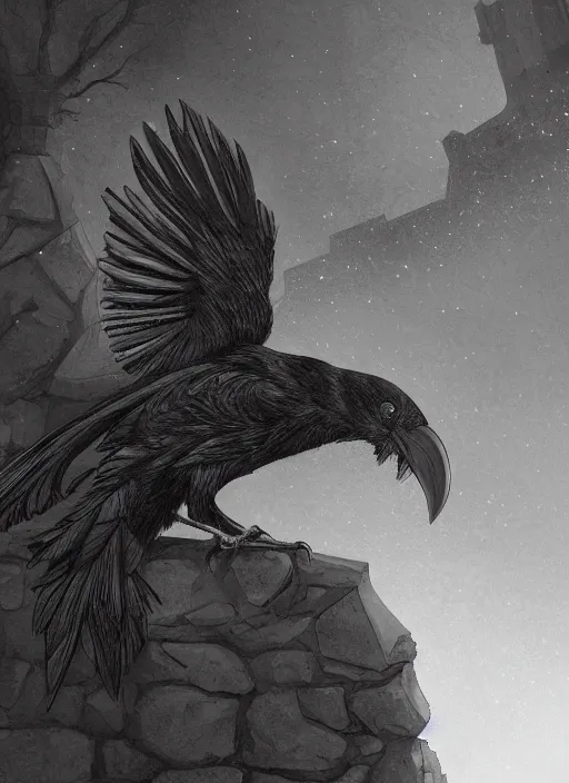 Image similar to a raven perched upon a windowsill at night in a gothic manor, black & white digital painting, trending on artstation