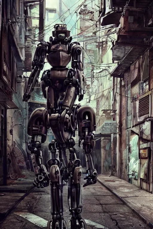 Prompt: a mech like robot with treads swinging a samurai sword. Grungy cyberpunk alleyways in the background Badass pose , Photo realistic , Gregory Crewdson , Award winning. Masterpiece, exquisite detail, post processing