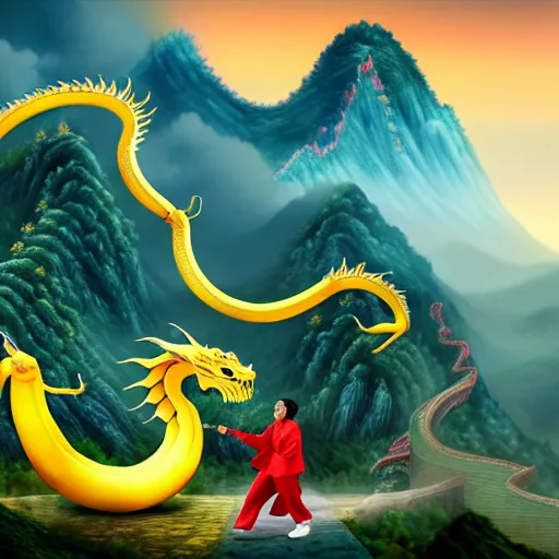 Image similar to Chinese president with bananas, battle with dragon, mountains background, fantasy art, 4k