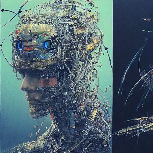 Prompt: “ highly detailed sci - fi concept art portrait of a sleek robot design, a highly detailed yoshitaka amano painting, by adrian ghenie and gerhard richter. art by takato yamamoto. masterpiece, deep colours. ”