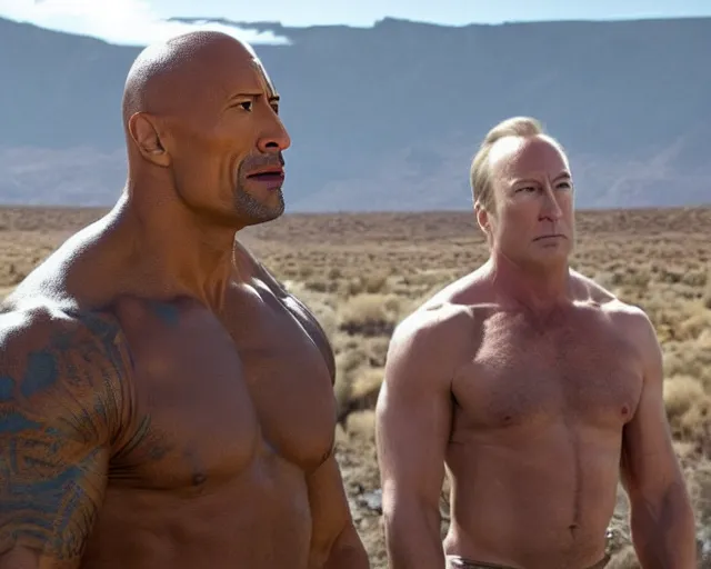 Prompt: dwayne johnson and bob odenkirk in the desert, movie still, photorealistic, detailed realistic bodies, realistic faces, clea composition