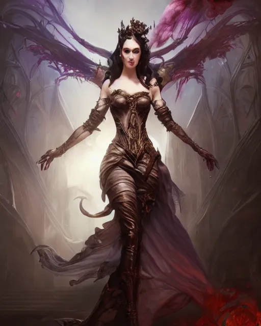 Image similar to daniel gerhartz and artgerm detailed portrait digital rococo painting of a beautiful villainess wearing fantasy clothing like liliana vess, evil mood, hellish battlefield in the background, embers, unreal engine, hyper realism, realistic shading, cinematic composition, blender render, octane render, hdr, detailed textures, photorealistic, ultrawide shot, 3 5 mm film